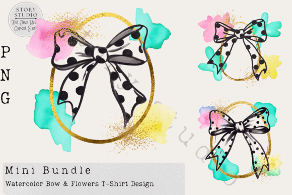 Download Watercolor Bow &amp; Flowers T-Shirt Design - Premium Bundle