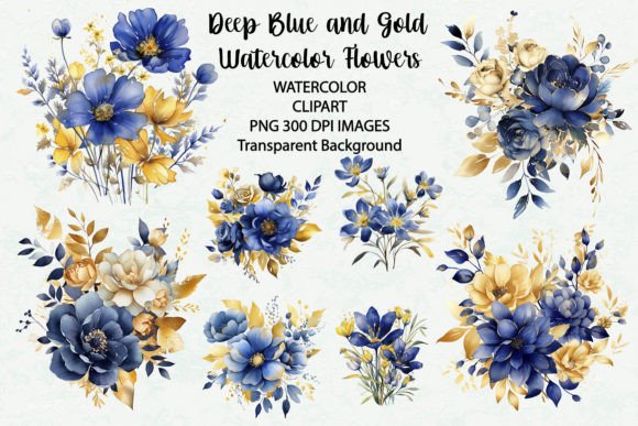 Download Deep Blue and Gold Flowers Watercolor - Premium Resources